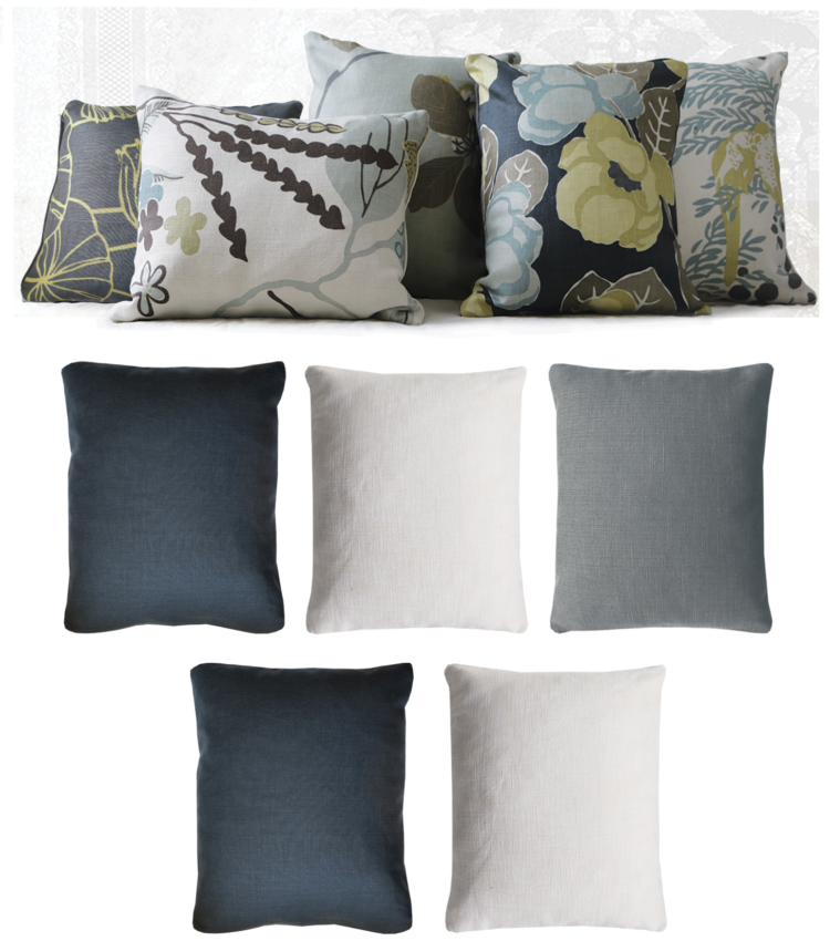 Set of 5 Lemon Midnight Blue Floral Linen Cushions back - julie london