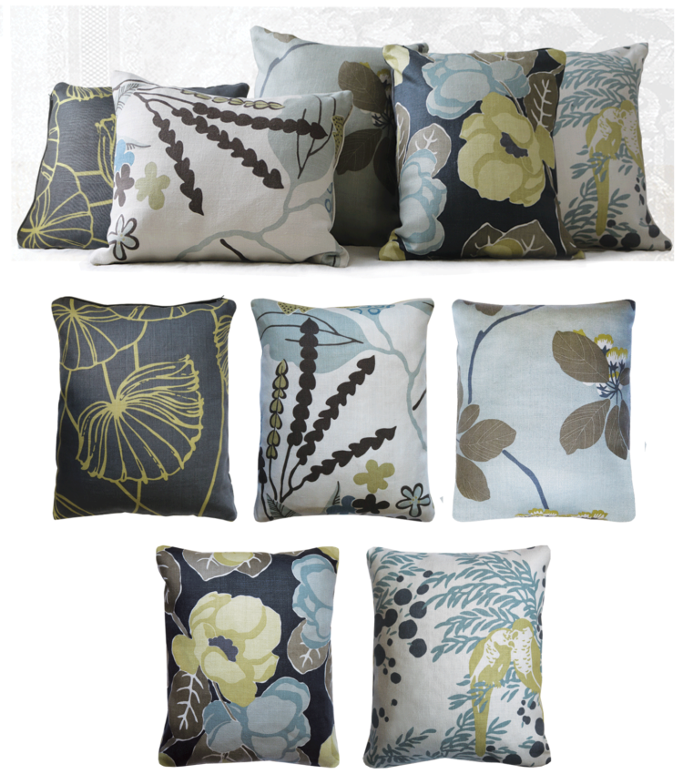 Set of 5 Lemon Midnight Blue Floral Linen Cushions front - julie london