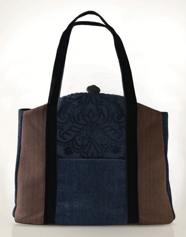 Butterfly Tote Handbag Midnight Blue Brown front - Julie London Design